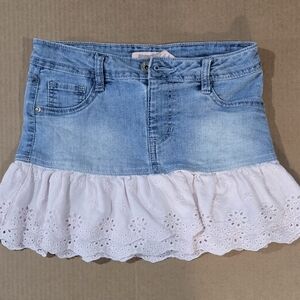 Squeeze Blue Denim Skirt with Pink Lace Trim